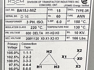 REX - BA15J-M/Z - 15KVA 600V-208/120V Dry Type Transformer Product Image